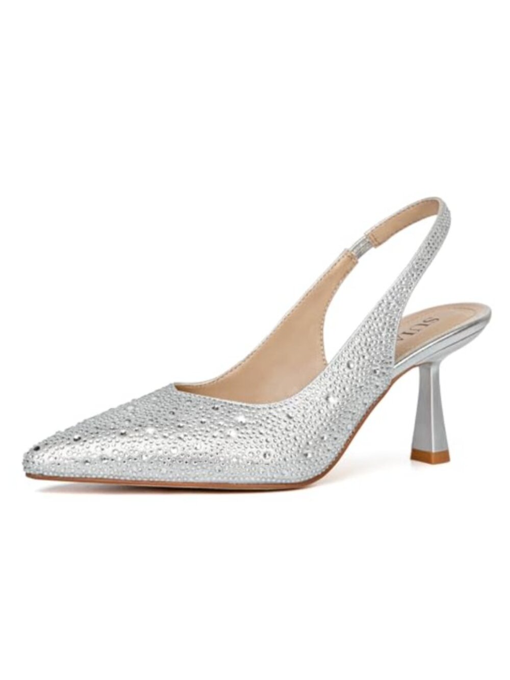 Lace Mesh Slingback Kitten Heel Pointed Toe Rhinestone Bridal Pump